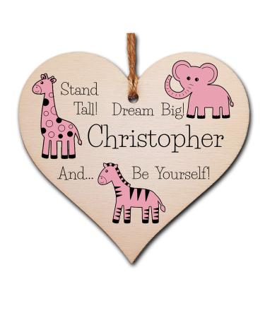 The Plum Penguin Personalised Handmade Wooden Hanging Heart Plaque Gift Be Brave Dream Big And Be Yourself new baby present new parents pink safari animals nursery wall decoration Pink Safari Animals - Personalised