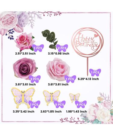 19 PCS Flower Cake Toppers | Butterfly Cake Decorations | Happy Birthday Toppers with Artificial Roses and Eucalyptus | Wedding Baby Shower Supplies (Purple) - Buy Online on GoSupps.com