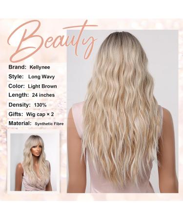 Kellynee Ombre Blonde Long Wavy Wig with Bangs - Dark Roots, Light Brown, and Gold Blend - Stylish for Daily & Special Occasions - Buy Online on GoSupps.com