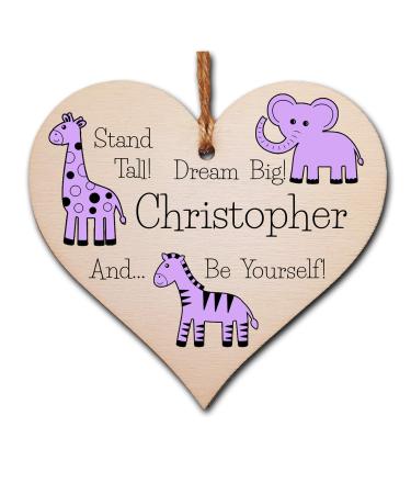 The Plum Penguin Personalised Handmade Wooden Hanging Heart Plaque Gift Be Brave Dream Big And Be Yourself new baby present new parents lilac gender neutral safari animals nursery wall decoration Lilac Safari Animals - Personalised