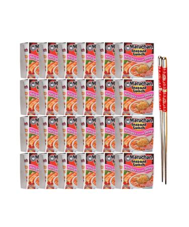 Ja Cor Instant Lunch Ramen Noodles Hot and Spicy with Shrimp Flavor Cup Noodle Soup Bowl 2.25 oz. Bulk Pack Bundle with 1-Set of Reusable Stainless Steel Chopsticks (24 Individual Packs)