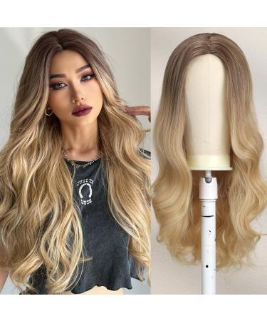 UEVIES Long Curly Ombre Blonde Wig Party Wig for Women Heat Resistant Fiber for Daily Use Party-24 inches