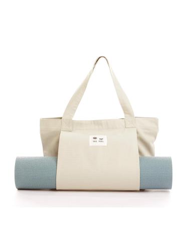 Yoga Pilates Mat Bag Basic Canvas Tote with Mat Carrier Pocket Beige