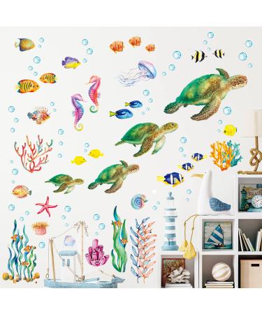 BASHOM BA-4001 Sea Turtle Wall Stickers Under The Sea Decals Fish Jellyfish Coral Seaweed for Bathroom Nursery Bedroom Living Room Art Home d cor