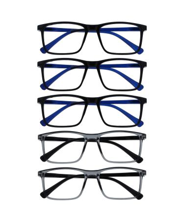 OPULIZE Ink Reading Glasses 5 Pack Large Rectangular Frame Black Transparent Grey Spring Hinges Scratch Resistant Mens Womens RRRRR4-11177 +3.00