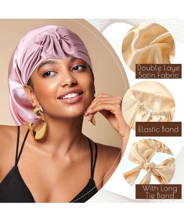 Leumoi 3 Pcs Long Satin Hair Bonnet Set | Soft Elastic Band | Silky Sleeping Cap for Braids & Curly Hair | Adjustable & Double Layer Design | Black, Champagne, Rose Gold - Buy Online on GoSupps.com