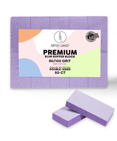 Artist Land Slim Purple Buffer Set (80/100 Grit) - 50 Ct- Professional Grade Salon Quality Nail Buffing Blocks Pack for Pre-Application of Polish Gel Acrylic Double-Sided Nail Buffer Blocks Slim Purple ( 80/100 Grit...