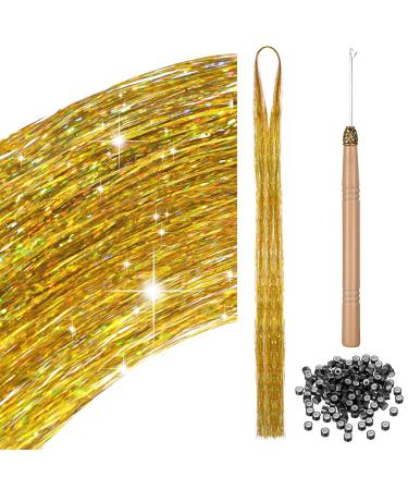 BBTO 200 Strands Hair Tinsel Strands Kit with Tools Tinsel Hair Extensions Glitter Hair Accessories Hair Extensions for Braiding Hair Tinsel for Women Cosplay Party Supplies(Gold)
