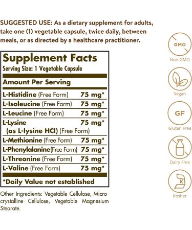 Solgar Essential Amino Complex 60 Vegetable Capsules - Non-GMO, Vegan, Gluten-Free, Dairy-Free, Kosher - 60 Servings (60 Count) - Buy Online on GoSupps.com