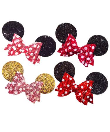5 Inch Mouse Hair Bows | Mouse Ears Hair Clips | Sequin Glitter Polka Dot Barrettes | Cute Hair Accessories for Theme Park Costume Party Halloween Christmas Decoration for Toddlers & Girls (4pcs)