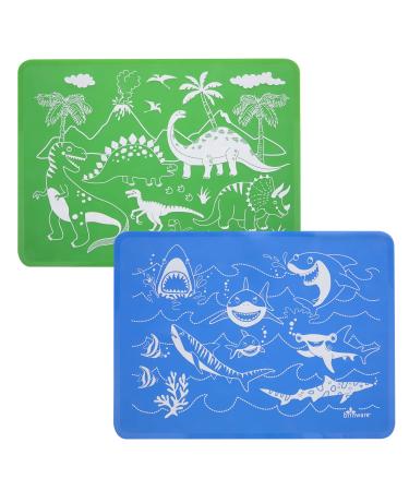 Brinware Reusable Slip Resistant Toddler Silicone Placemat for Kids - Dinosaur & Shark Green/Blue (2 Pack) 2 Pack - Green/Blue Dino & Shark