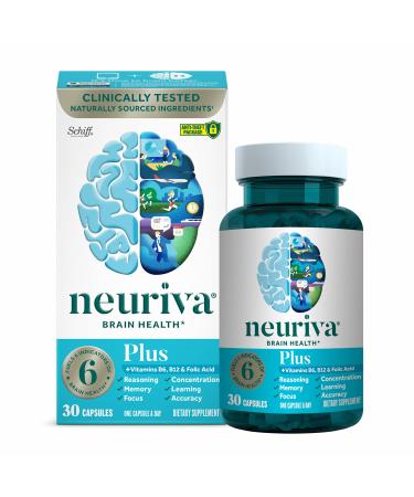 NEURIVA Plus Brain Supplement For Memory, Focus & Concentration + Cognative Function with Vitamins B6 & B12 and Clinically Tested Nootropics Phosphatidylserine and Neurofactor, 30ct Capsules Brain Plus capsules
