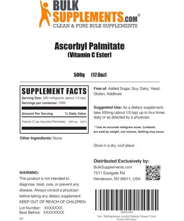 Bulksupplements Ascorbyl Palmitate Powder 500mg - Liposomal Vitamin C Ester Supplement - 500g Powder - 1.1lb Pack - Buy Online on GoSupps.com