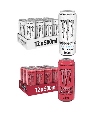 Monster Energy Drinks 12 Pack 500ml (12 Cans Ultra White & 12 Cans Pipeline Punch) - By Shop 4 Less