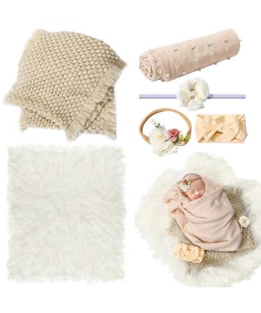 6 Pcs Newborn Photography Props Outfits Baby Photo Props Long Ripple Wraps Toddler Swaddle Blankets Photography Mat Headband Classic Outfits Infant Toddler Boys Girls Posing Props, 0-6 Months (White)