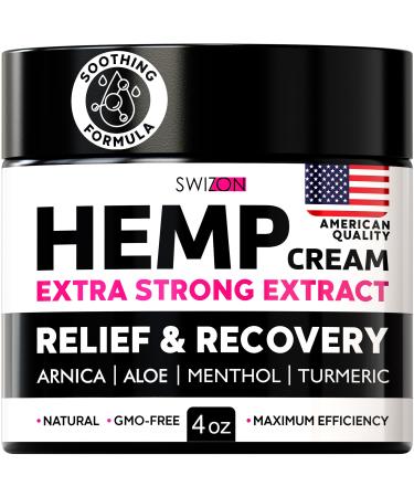 SWIZON Natural Hemp Cream for Muscles Joints Neck Back Elbows - Hemp Oil Muscle Relaxer Cream to Soothe Discomfort - Hemp Oil Extract Gel with Arnica Msm Turmeric Menthol Rub - 4 oz 4 Ounce (Pack of 1)
