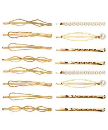 16 Pieces Geometric Metal Hair PinsPearls Hair Clips Elegant Hair Barrettes Bridal Gold Metal Bobby Pins Dainty Embellished Bobby Pins ?for Woman and Girls