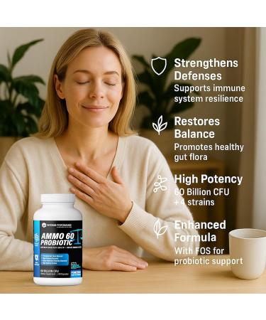 Veteran Performance Ammo 60 Probiotic 60 Billion CFU 4 Targeted Strains + FOS Prebiotic Supports Digestive Balance & Boost Immune System Daily Probiotic Supplement - Buy Online on GoSupps.com