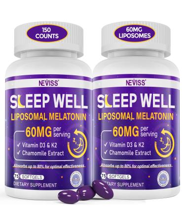 Melatonin 60mg for Adults High Dose, Supports Deep Rest & Brain Cognition, Extra Strength Liposomal Melatonin with Vitamin D3 K2, Chamomile, for Sound Zzz Cycle, Immune & Antioxidant, 150 Softgels 75 Count (Pack of 2)
