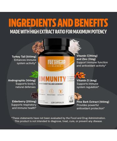 FreshCap Immunity Immune Support Supplement Immune Boosters for Adults Immunity Boost Elderberry Vitamin C and Zinc urkey Tail Mushroom Supplement 120 Capsules - Buy Online on GoSupps.com