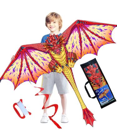 Dragon Kite for Kids and Adults-Easy to Fly, Beginner Kite with Spinning Tail 200ft Kite String, Kite for Children Red