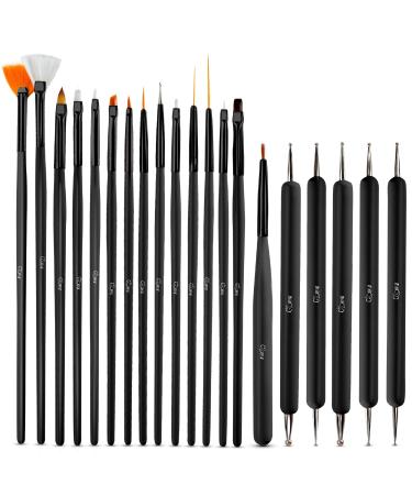 Glow 20 Piece Nail Art Brushes and Dotting Tools Kit Premium Quality - Perfect For Beginners & Professionals Practical Affordable Kit With Wooden Handle (Black)