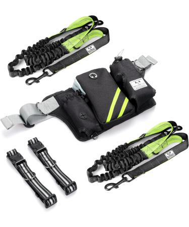 SHINE HAI Retractable Hands Free Dog Leash with Dual Bungees for 2 Dogs Adjustable Waist Belt Reflective Stitching Leash for Running Walking Hiking Jogging Biking Black - Green Green/Black For 2 Dog - Buy Online on GoSupps.com