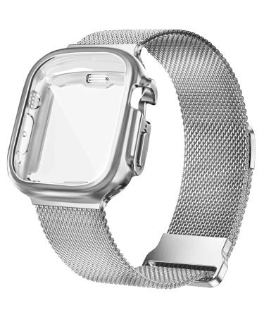 Geoumy Metal Magnetic Bands Compatible for Apple Watch Band Ultra 49mm with Case Stainless Steel Milanese Mesh Loop Replacement Strap Compatible with iWatch Series Ultra for Women Men Silver Silver Ultra 49mm