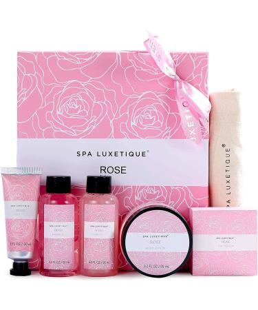 Spa luxetique bath gift for women - 6 d. Care set rose fragrance in travel size shower gel body lotion foam bath hand cream linen bag with cord strain bathroom travel set gift mother's day gift
