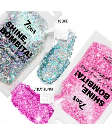 7DAYS Sparkling Shine Bombita Glitter Gel in Playful Pink - Face, Hair & Body | Chunky Sequins for Party, Rave, Festival & Halloween | Quick-Drying, No Glue Holographic Makeup - 90ml - Buy Online on GoSupps.com