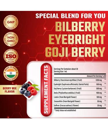 Tenmido Bilberry Extract Liquid - 7in1 Herbal Supplements with Eyebright Goji Berry Amla Lutein Zeaxanthin and Saffron - Vegan Non-GMO - 30ml 1 Fl Oz - Buy Online on GoSupps.com