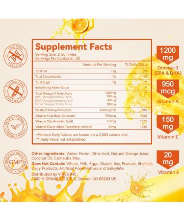 Omega-3 Gummies Vegan 1200mg EPA and DHA Omega-3 Fatty Acids with Folate Vitamin A Vitamins C & E High Potency Omega 3 Supplements for Immune Support 60 Count 60 Count (Pack of 1) - Buy Online on GoSupps.com