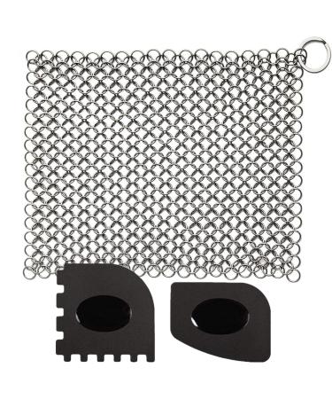 CHANSHIN Cast Iron Cleaner with Pan Scrapers Stainless Steel Scourer 7x7 Inch Chainmail Scrubber for All Types of Skillet Griddles Durable Plastic Pan Grill Scrapers