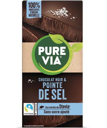 Pure Via Tablette Chocolat Noir & Pointe de Sel à la stevia, sans sucre ajouté, Équitable 100g