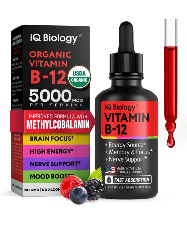 Organic Vitamin B12 Liquid Drops - Methylcobalamin 5000 mcg Sublingual - Organic B 12 Methylated for Women & Men - Vegan Vit B12 for Energy Brain & Nerve System Support (under tongue use) - 2 fl oz 2 Fl Oz (Pack of 1)