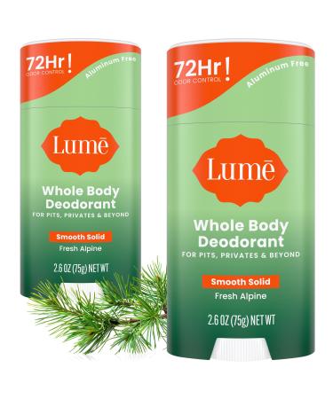 Lume Whole Body Deodorant - Smooth Solid Stick - 72 Hour Odor Control - Aluminum Free Baking Soda Free and Skin Safe - 2.6 Ounce (Pack of 2) (Fresh Alpine) Fresh Alpine 2.6 Ounce (Pack of 2)