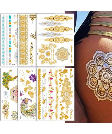 6 Sheets Gold Henna Temporary Tattoos for Women Girls Lace Fake Tattoo Stickers Mystery Sexy Mandala Flower Body Art Design Waterproof Henna Sticker DIY Goddess Look