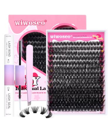 wiwoseo Russian Cluster Lashes Kit Individual Lashes with Lash Bond and Seal Lash Glue Individual Eyelashes Extension Kit for Self Application at Home(0.07D Volume 100p 9-16MM) G-cluster lashes kit 9-16MM