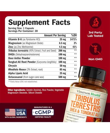 Testosterone Supplement & Tribulus Terrestris For Men with DHEA 100mg Magnesium Zinc Tongkat Ali & Rhodiola Rosea Muscle Builder Libido Support & B6 Vitamins for Men 1 Capsule a Day 30 Count - Buy Online on GoSupps.com