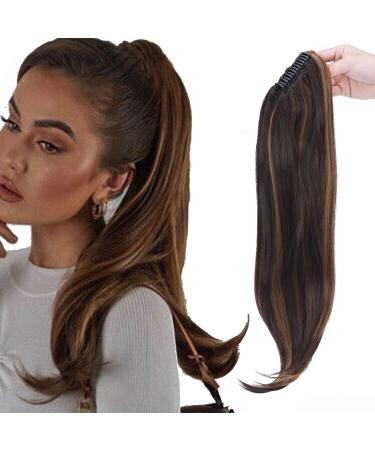 Claw Ponytail Hair Extension Cute Clip In On Ponytail With Claw Jaw Hairpiece Straight to Small Wave Wavy Tail Synthetic Heat Resistant Hair for Daily Use 22inch Ombre Dark Brown mix Sandy Blonde