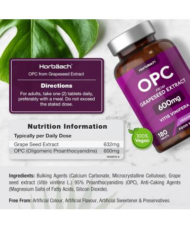 OPC Grape Seed Extract 600mg - 180 Vegan Tablets | 95% Pure OPC Supplement by Horbaach | International Shipping Available - Buy Online on GoSupps.com