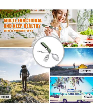 Hikenture Camping Utensils Set - 4-in-1 Stainless Steel Fork Knife Spoon Bottle Opener - Army Green | Travel Eating Cutlery Multitool for Hiking & Scouts - Buy Online on GoSupps.com