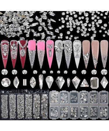 Warmfits 1840pcs Clear Crystal Nail Rhinestones Set Nail Art Rhinestone Nail Art Gems 9K Clear Class Multi-Shape Flat Back Transparent Nail Jewels for Nail DIY Crafts Makeup Crystal Clear