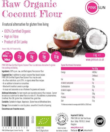 PINK SUN Raw Organic Coconut Flour - Gluten Free Baking Flour for High Fiber Bread Making - 1kg Pack (2kg, 3kg, 5kg Available) - Vegan & Non-GMO - Buy Online on GoSupps.com