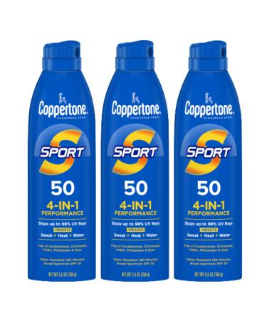Coppertone SPORT Sunscreen Spray SPF 50, Water Resistant Spray Sunscreen, Broad Spectrum SPF 50 Sunscreen, Bulk Sunscreen Pack, 5.5 Oz Spray, Pack of 3