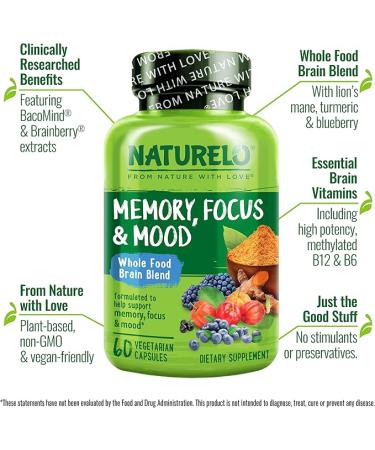 NATURELO Whole Food Brain Blend Supplement Helps Support Memory Focus and Mood - 60 Vegetarian Capsules - Buy Online on GoSupps.com