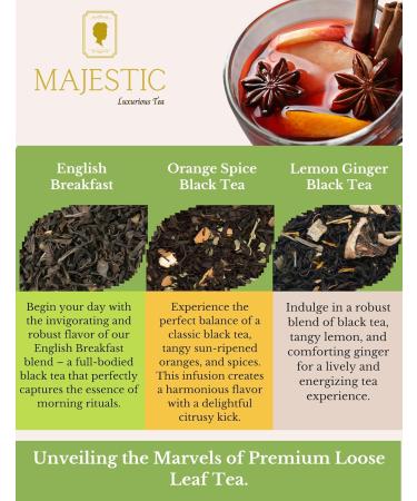 Majestic_ Tea | Majestic Medley| Combo Pack of 6 Premium Leaf Tea - Cherry Rose Jasmine (Green Tea) Orange Spice Lemon Ginger English Breakfast (Black Tea) & Chamomile (Herbal Tea )(35g each) Brews 50 Cups. - Buy Online on GoSupps.com