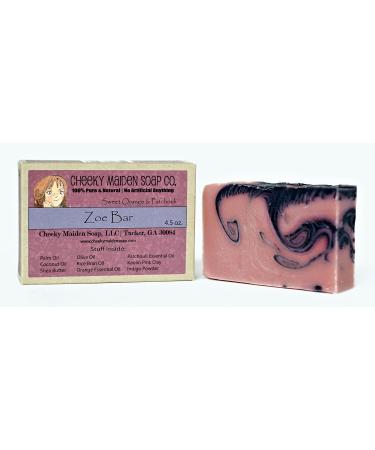 Zoe Soap 100% Natural Handmade with Saponified Oils of Sustainable Palm Coconut Rice Bran Shea Butter Olive Oil Patchouli Orange Essential Oils Pink Clay Indigo Powder 4.5 oz Made in USA