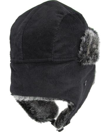 Wool Blend Aviator Trapper Hat Trooper Ushanka Bomber, Black Corduroy | One Size, Warm Winter Cold Protection - Buy Online on GoSupps.com