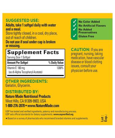 Nature Made Vitamin E 180 mg (400 IU) dl-Alpha Dietary Supplement for Antioxidant and Skin Support 100 Softgels 100 Day Supply - Buy Online on GoSupps.com